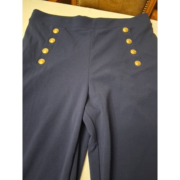 H&M Navy Blue SAILOR PANTS Flared wide leg Womens Size L GOLD Button Front - Picture 4 of 13